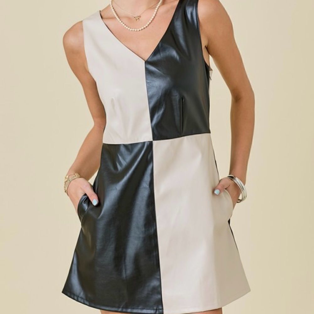 Black and Tan Color Block Faux Leather Dress - Picture 3 of 8